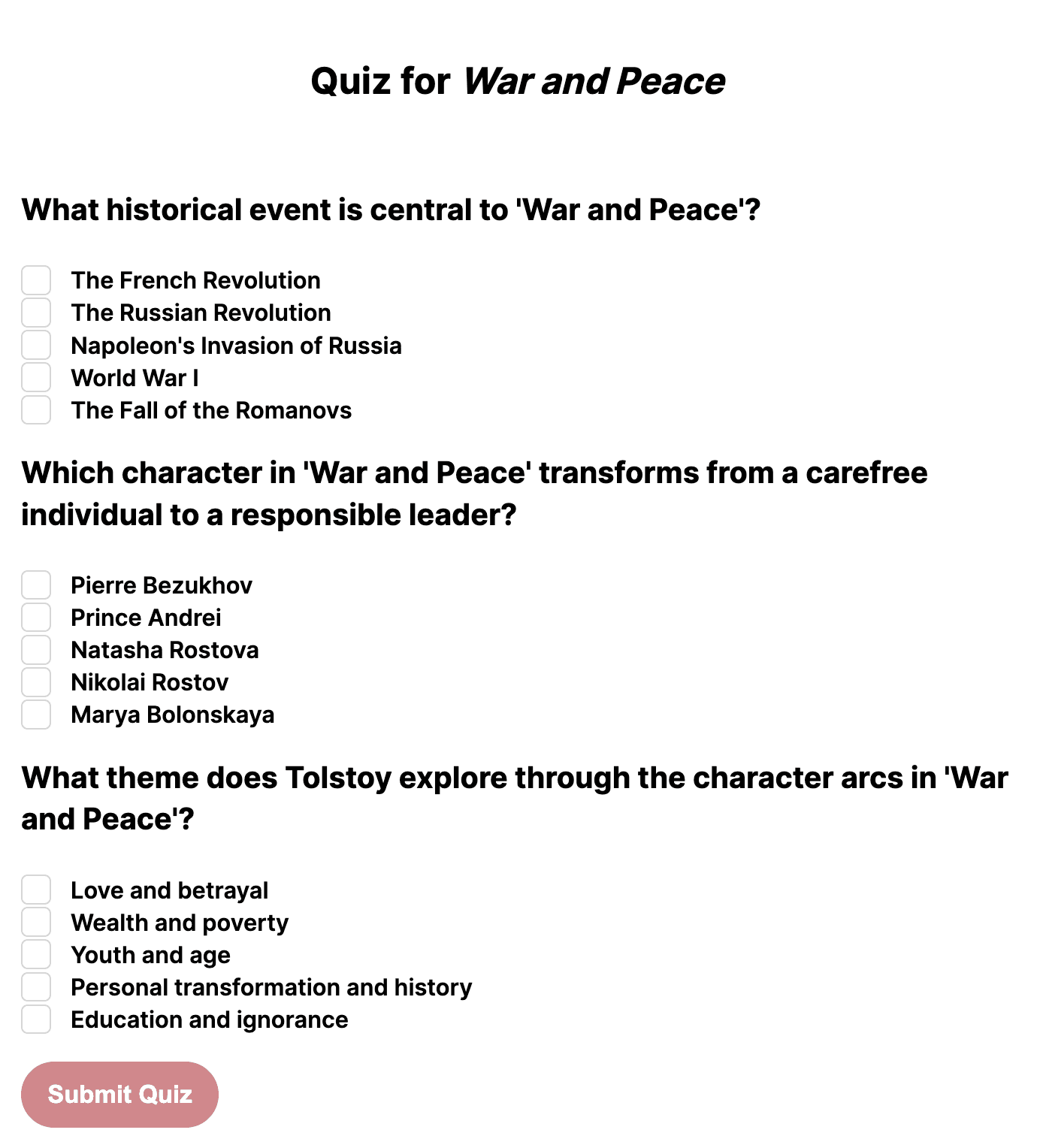 Three example questions generated by BookQuest for the novel War and Peace. Showcasing the high-quality questions related to the theme of the book, a specific character question, and a historical relevant event which is central to 'War and Peace'.